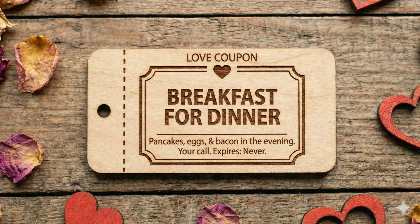 Set of 10 personalized wooden love coupons from The Present Spot, featuring custom date night vouchers and tokens on engraved wood.
