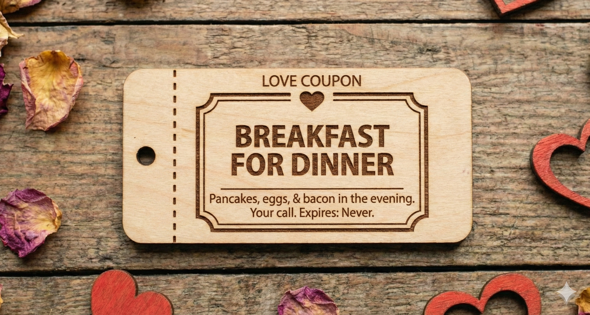 Set of 10 personalized wooden love coupons from The Present Spot, featuring custom date night vouchers and tokens on engraved wood.