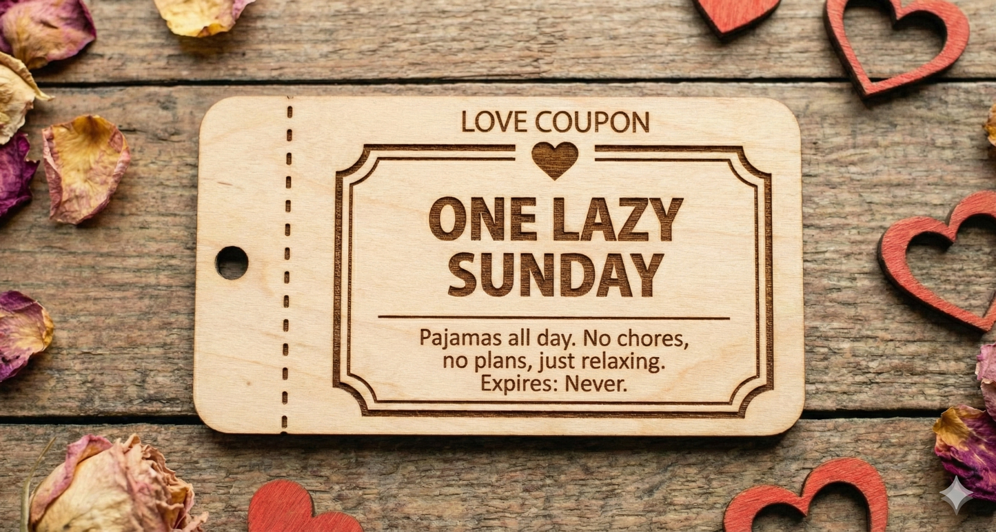 Set of 10 personalized wooden love coupons from The Present Spot, featuring custom date night vouchers and tokens for special moments.