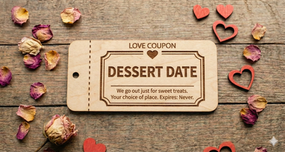 Set of 10 personalized wooden love coupons from The Present Spot, featuring custom date night vouchers and tokens on engraved wood.