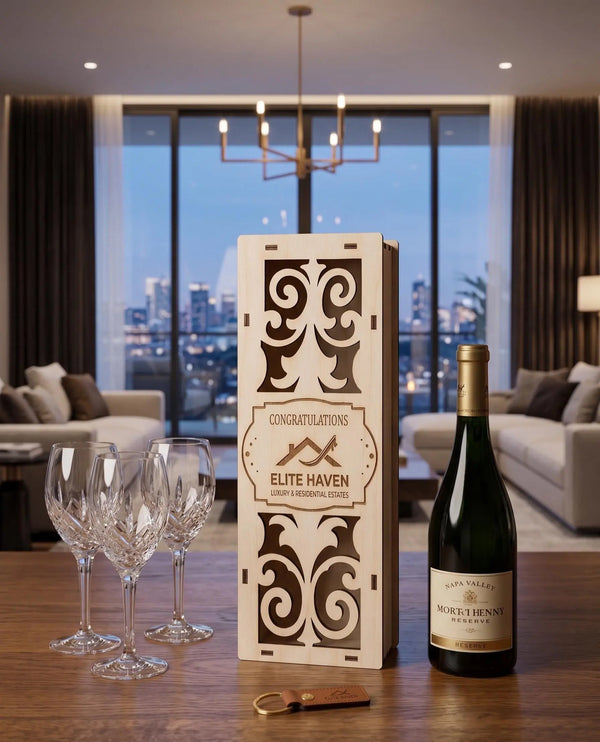 Custom engraved wood wine box by The Present Spot, ideal for realtor closing gifts, customer appreciation, and home milestone celebrations.