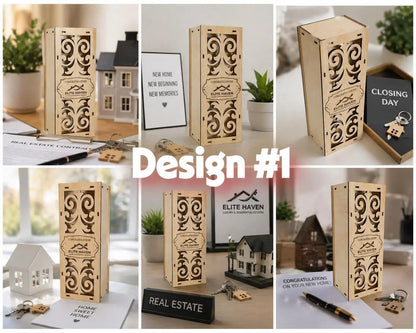 Custom engraved wood wine box by The Present Spot, ideal for realtor closing gifts, customer appreciation, or new home celebrations.