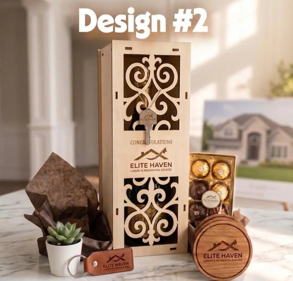 Custom engraved wood wine box by The Present Spot, ideal for realtor closing gifts and celebrating new home milestones.