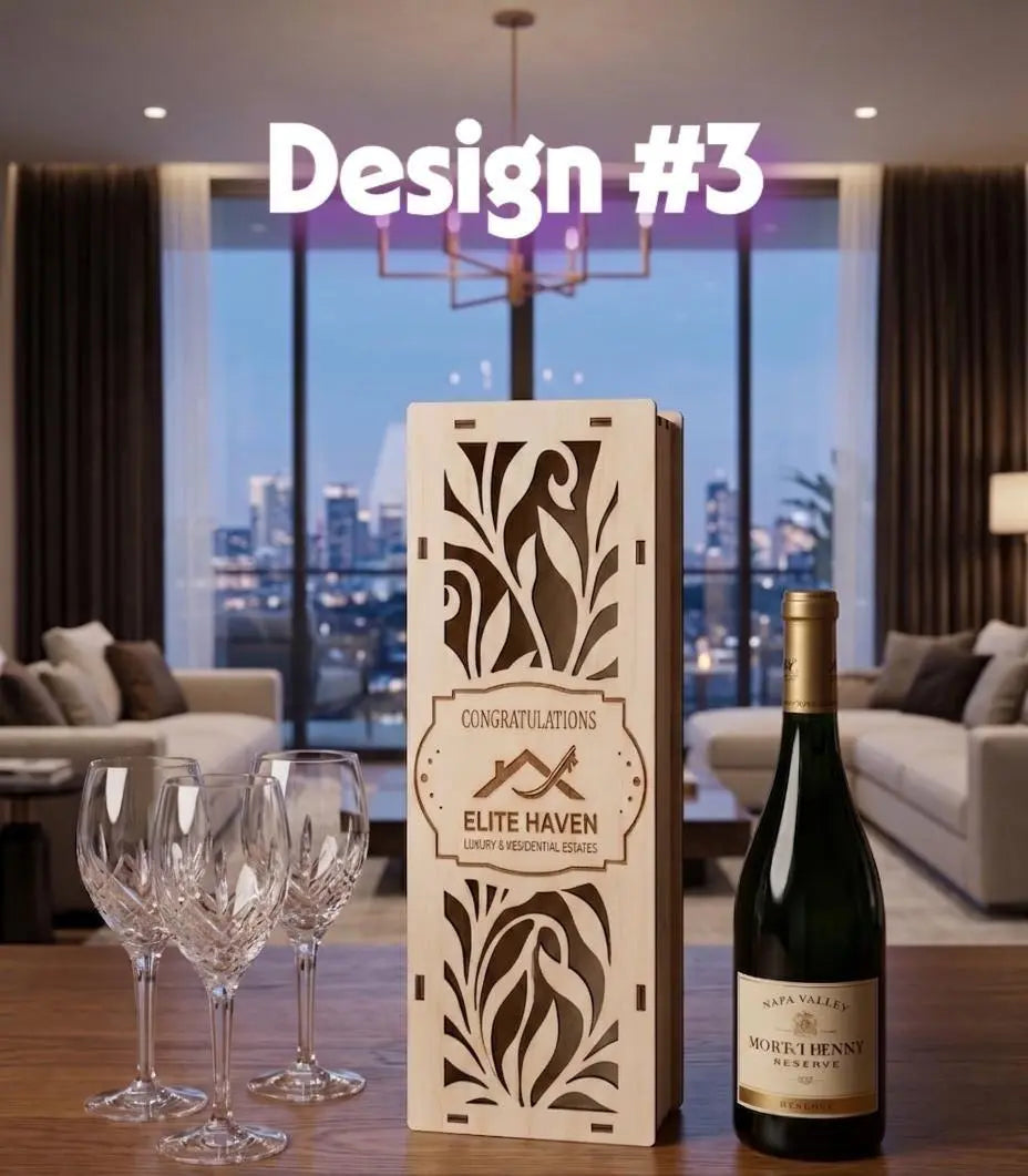 Custom engraved wood wine box by The Present Spot, perfect for realtor closing gifts, customer appreciation, or new home celebrations.