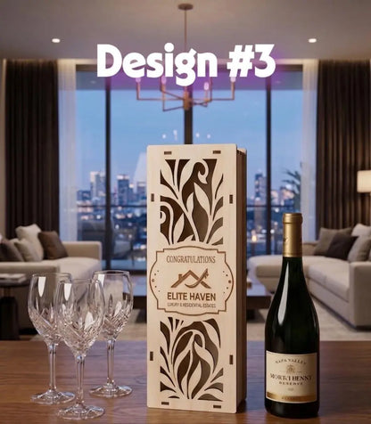 Custom engraved wood wine box by The Present Spot, perfect for realtor closing gifts, customer appreciation, or new home celebrations.